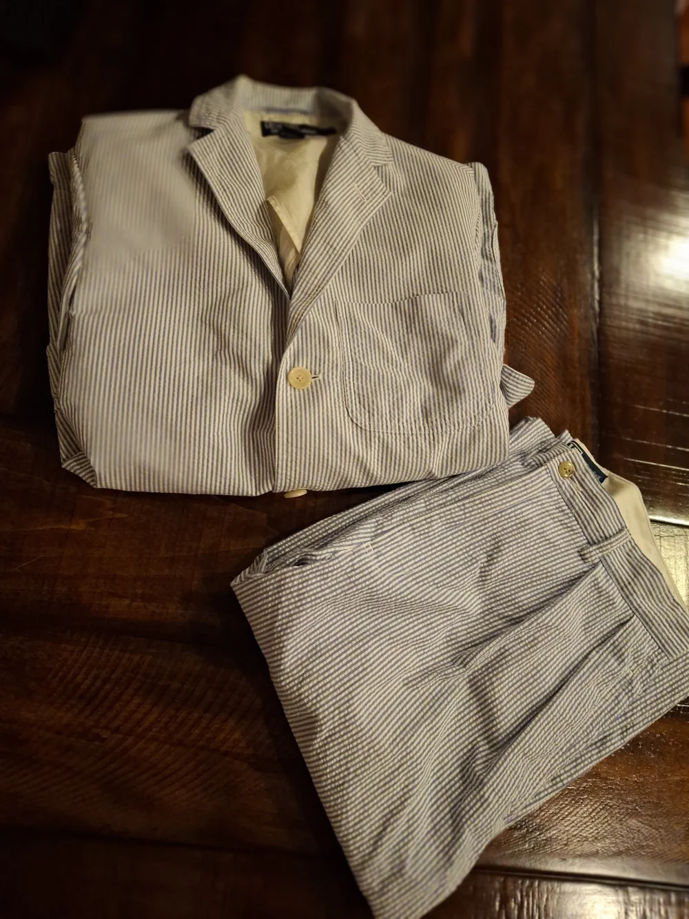 Polo by Ralph Lauren  Blue & White Striped Seersucker Blazer and Pant Set